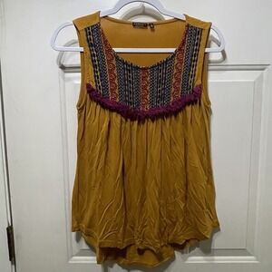Hannah Mustard Yellow Embroidered Boho Festival Tassel Tunic Top Size Small